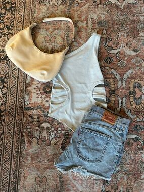 Abercrombie & Fitch Light Blue One-Shoulder Cutout Ribbed Bodysuit